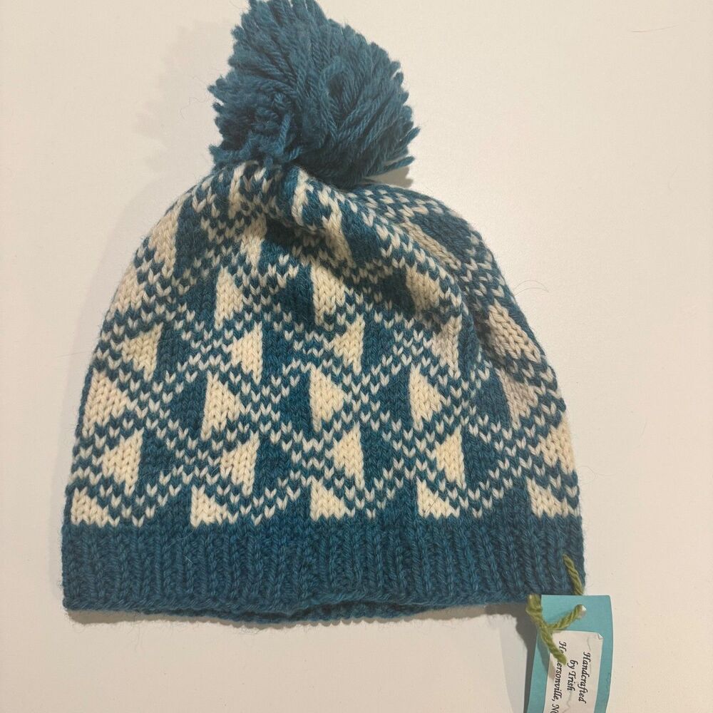 Hand Knit by Trish Hendersonville, NC Beanie Pompom Green/Teal  Hat One Size